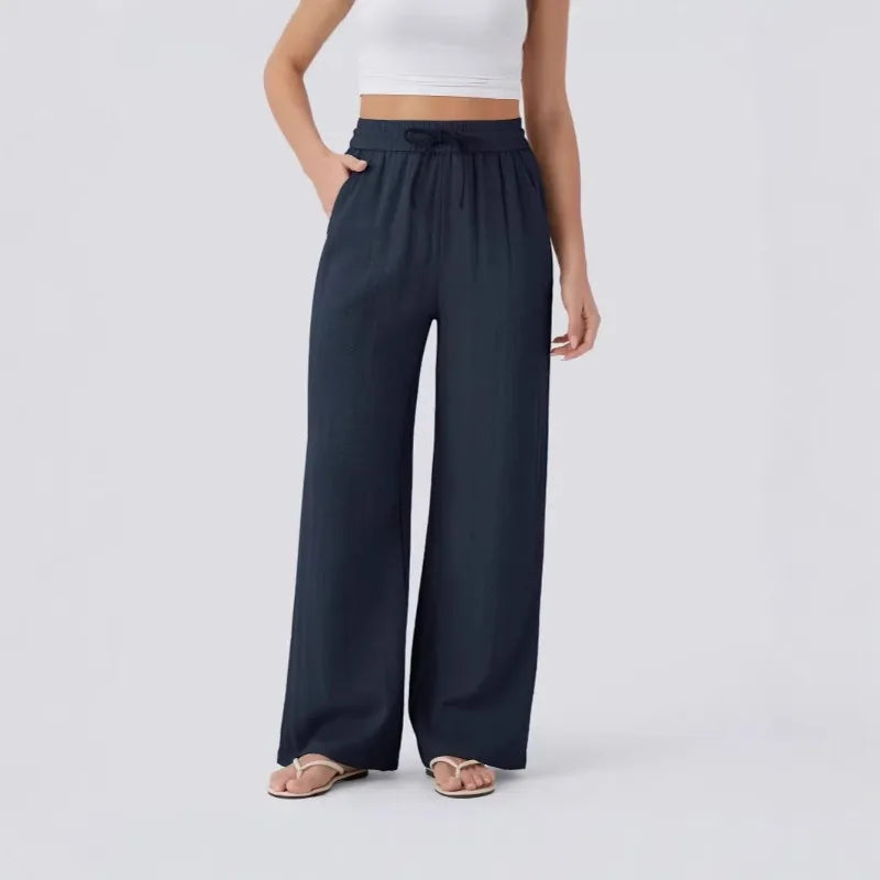 Women's Casual Pants Spring and Summer High Waist Drawstring Side Pocket Wide Leg Pants