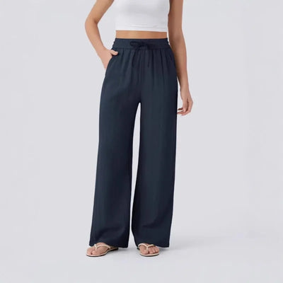 Women's Casual Pants Spring and Summer High Waist Drawstring Side Pocket Wide Leg Pants