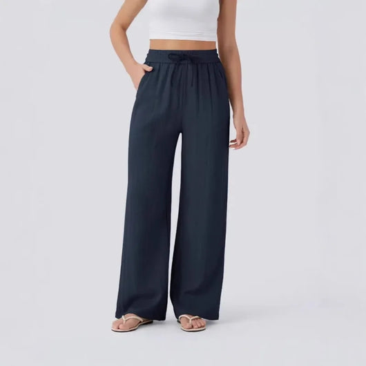 Women's Casual Pants Spring and Summer High Waist Drawstring Side Pocket Wide Leg Pants