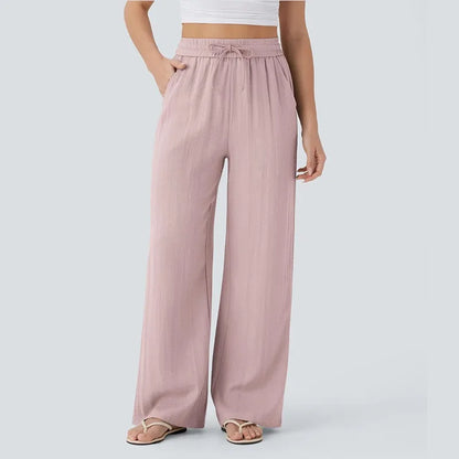 Women's Casual Pants Spring and Summer High Waist Drawstring Side Pocket Wide Leg Pants
