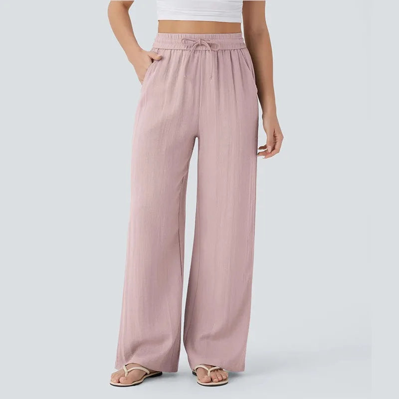 Women's Casual Pants Spring and Summer High Waist Drawstring Side Pocket Wide Leg Pants