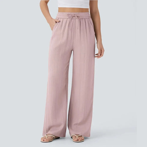 Women's Casual Pants Spring and Summer High Waist Drawstring Side Pocket Wide Leg Pants