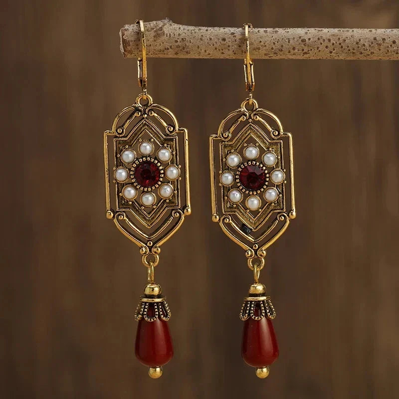 Gold Garnet & Pearl Drop Earrings — image 1