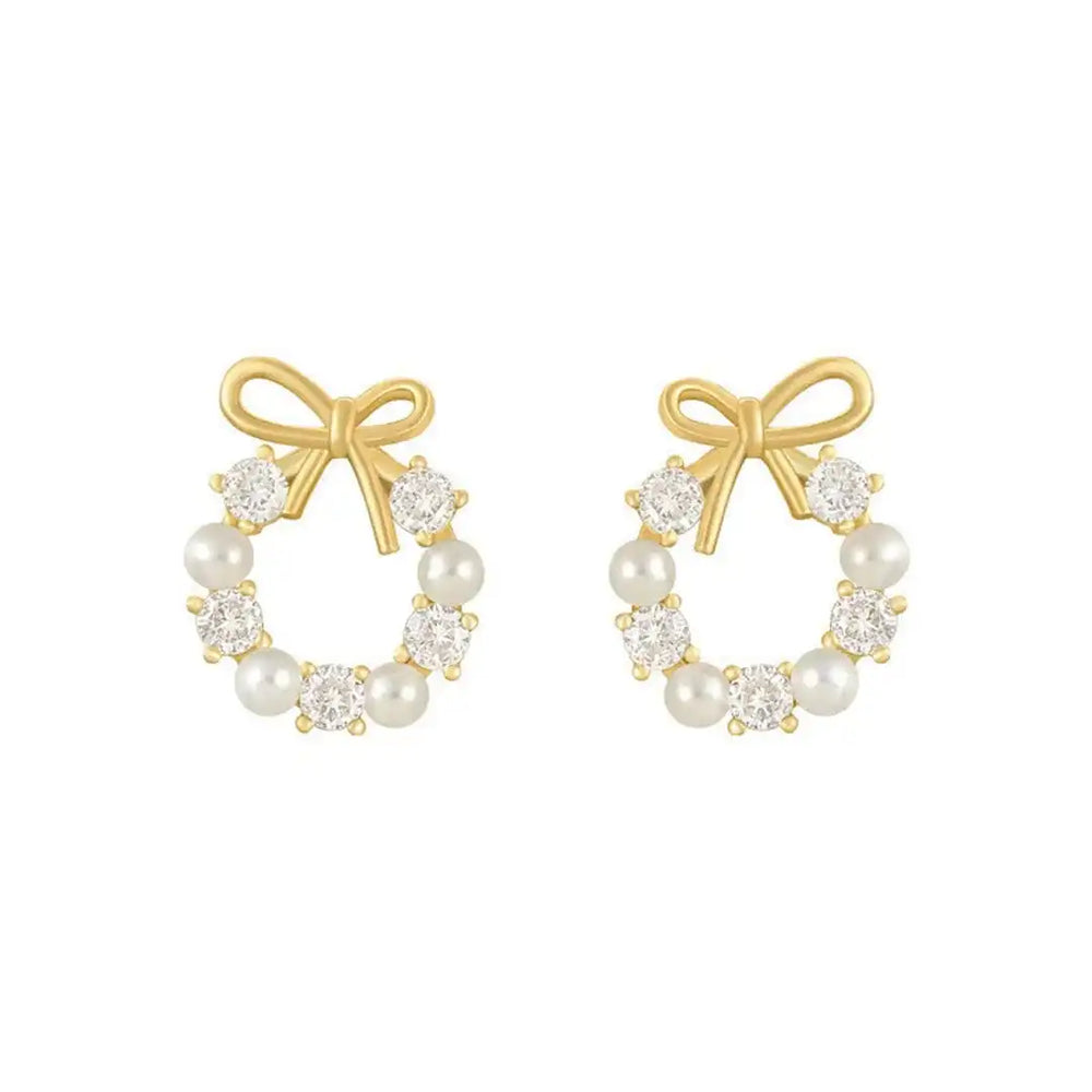 Bow Pearl Circle Stud Earrings — image 1