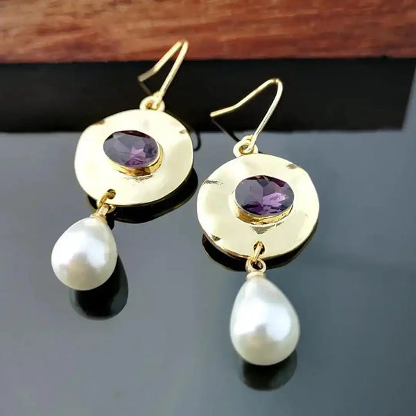 Pearl Earrings with Purple Zirconia — image 1