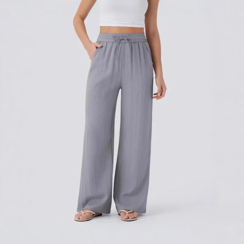 Women's Casual Pants Spring and Summer High Waist Drawstring Side Pocket Wide Leg Pants