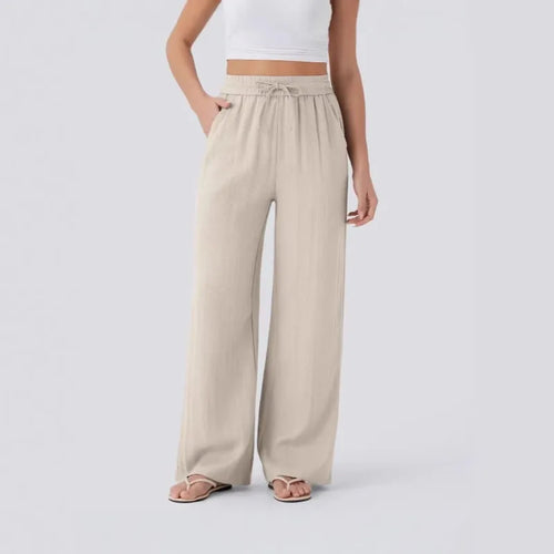 Women's Casual Pants Spring and Summer High Waist Drawstring Side Pocket Wide Leg Pants