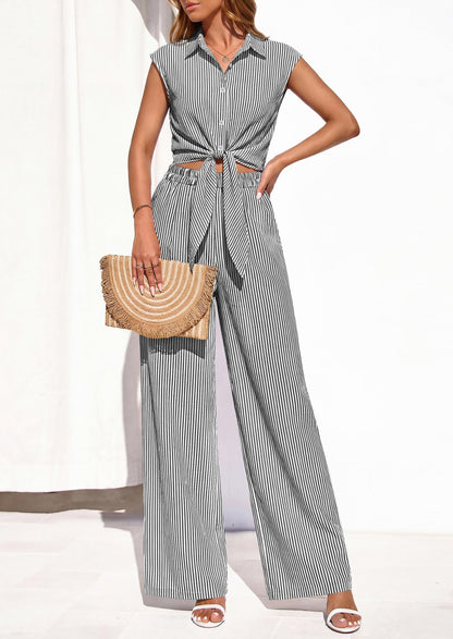 Osonn 2 Piece Sets For Women Summer Striped Button Down Tie Front Crop Tops Wide Leg Pants Floral Lounge Set