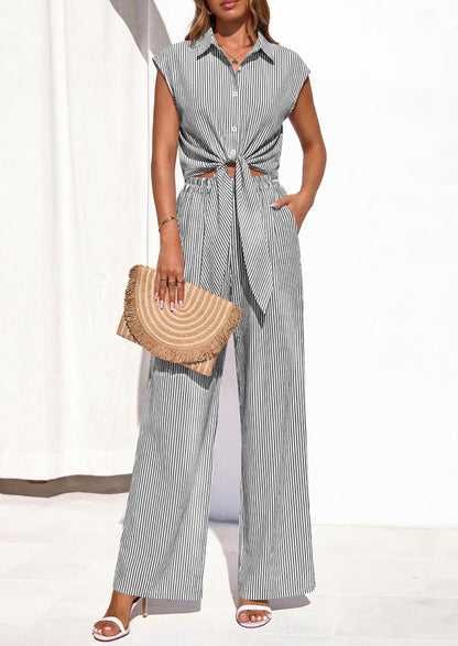 Osonn 2 Piece Sets For Women Summer Striped Button Down Tie Front Crop Tops Wide Leg Pants Floral Lounge Set
