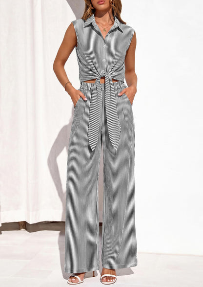 Osonn 2 Piece Sets For Women Summer Striped Button Down Tie Front Crop Tops Wide Leg Pants Floral Lounge Set
