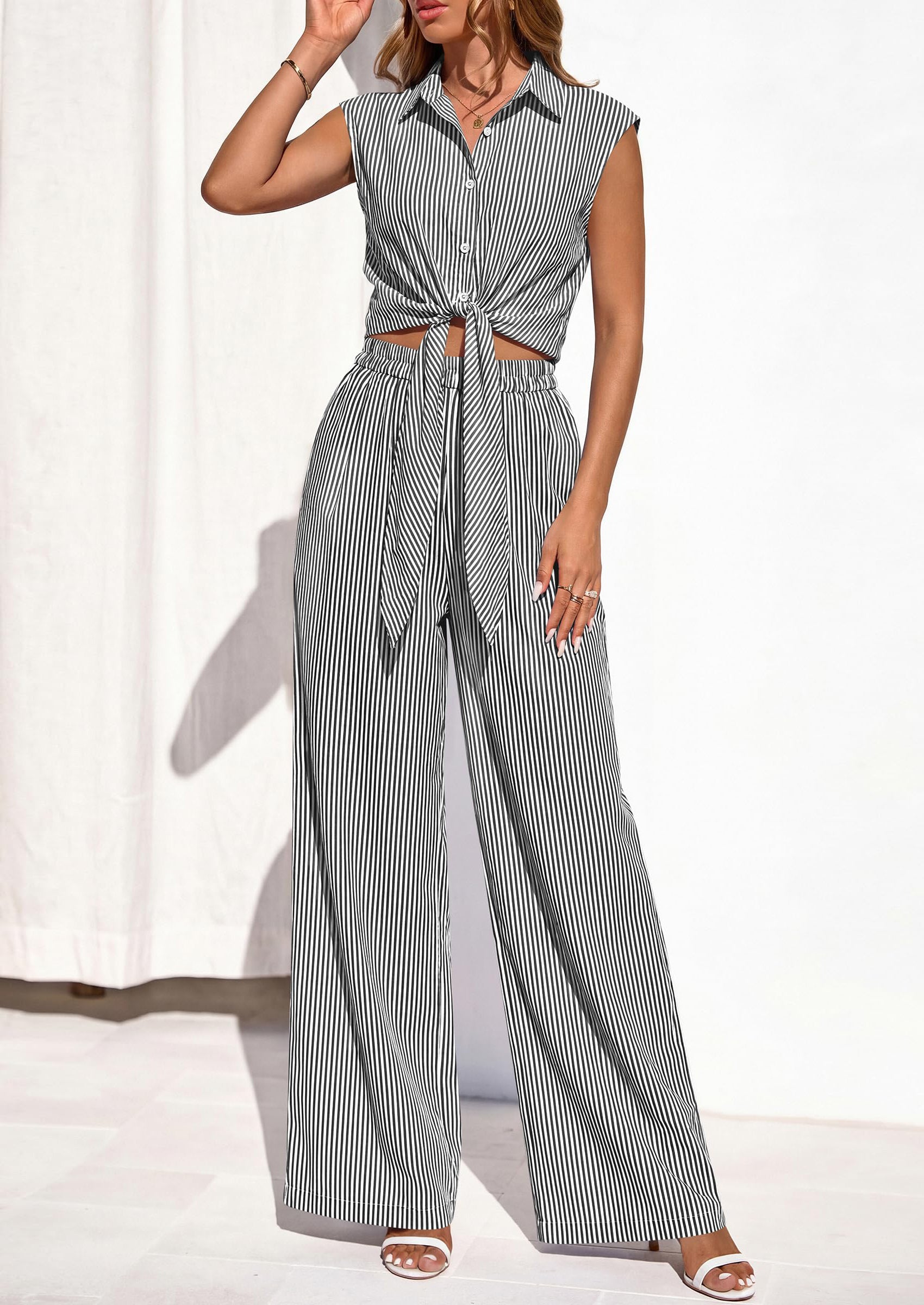 Osonn 2 Piece Sets For Women Summer Striped Button Down Tie Front Crop Tops Wide Leg Pants Floral Lounge Set