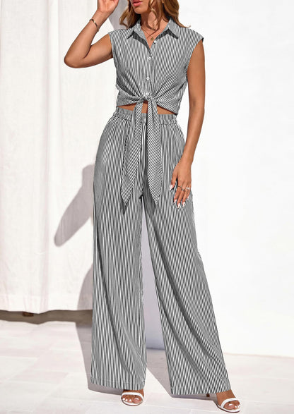 Osonn 2 Piece Sets For Women Summer Striped Button Down Tie Front Crop Tops Wide Leg Pants Floral Lounge Set