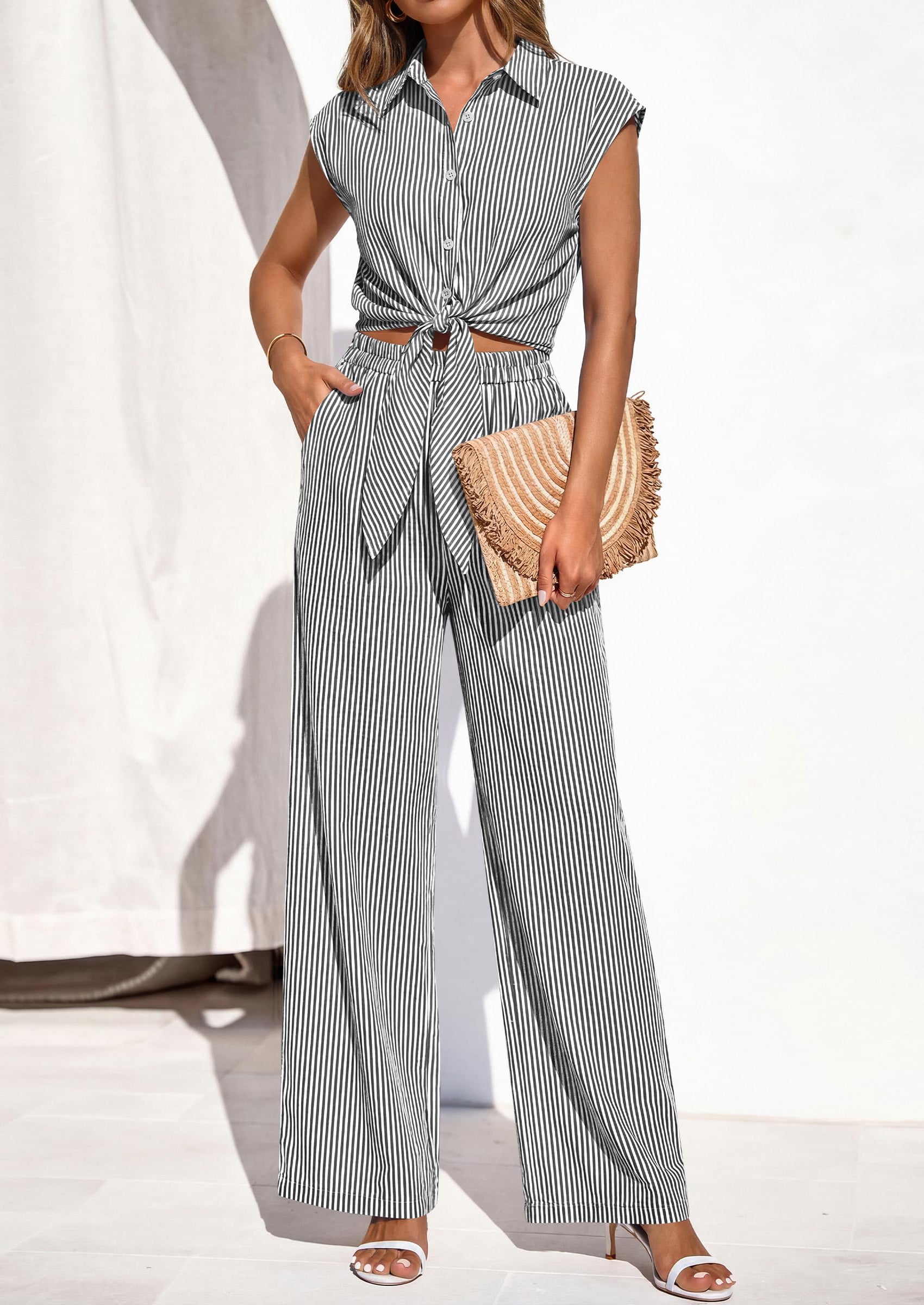Osonn 2 Piece Sets For Women Summer Striped Button Down Tie Front Crop Tops Wide Leg Pants Floral Lounge Set