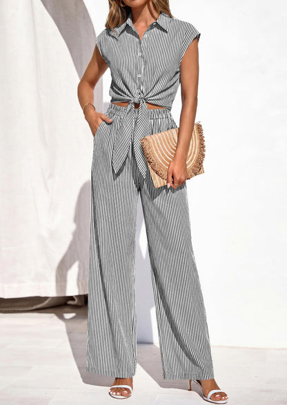 Osonn 2 Piece Sets For Women Summer Striped Button Down Tie Front Crop Tops Wide Leg Pants Floral Lounge Set