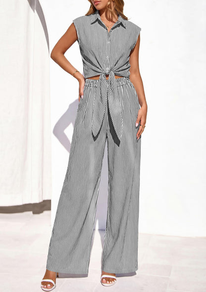 Osonn 2 Piece Sets For Women Summer Striped Button Down Tie Front Crop Tops Wide Leg Pants Floral Lounge Set