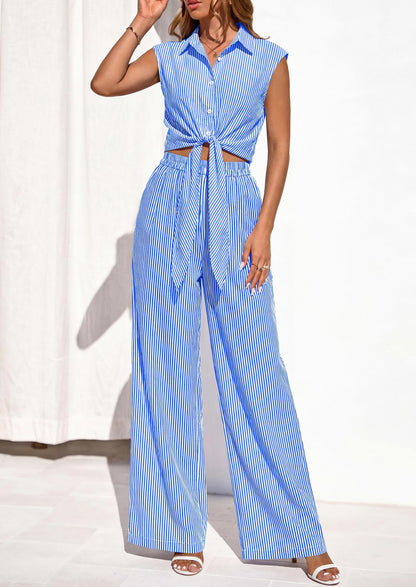 Osonn 2 Piece Sets For Women Summer Striped Button Down Tie Front Crop Tops Wide Leg Pants Floral Lounge Set