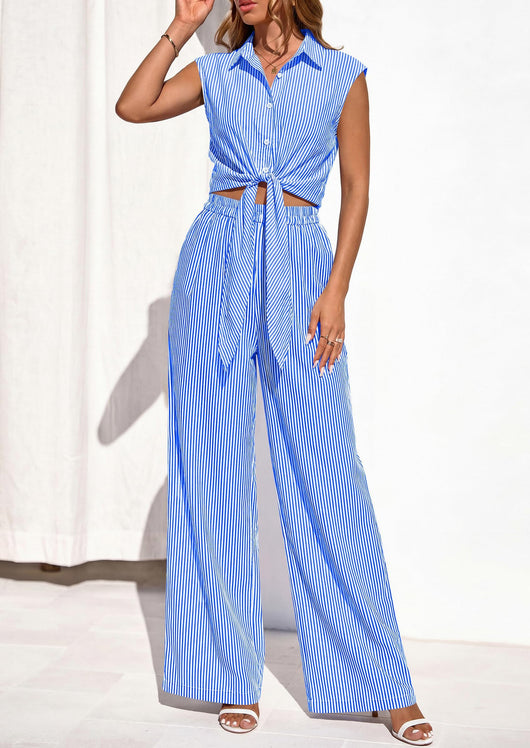 Osonn 2 Piece Sets For Women Summer Striped Button Down Tie Front Crop Tops Wide Leg Pants Floral Lounge Set