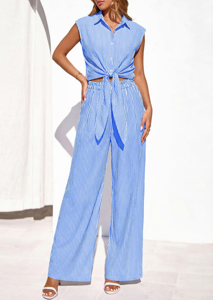 Osonn 2 Piece Sets For Women Summer Striped Button Down Tie Front Crop Tops Wide Leg Pants Floral Lounge Set
