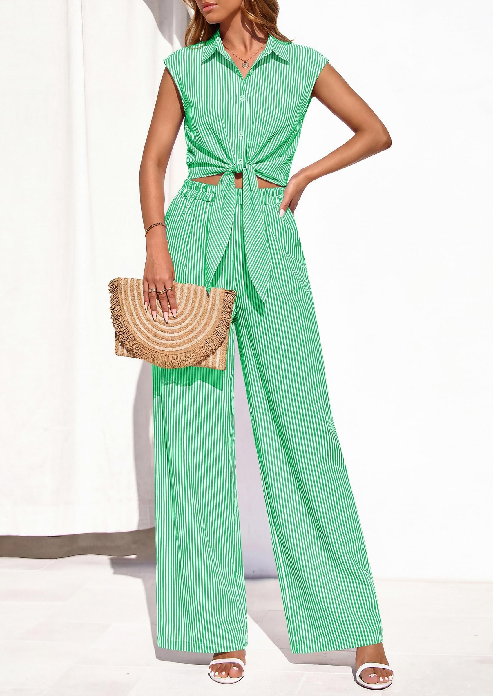 Osonn 2 Piece Sets For Women Summer Striped Button Down Tie Front Crop Tops Wide Leg Pants Floral Lounge Set