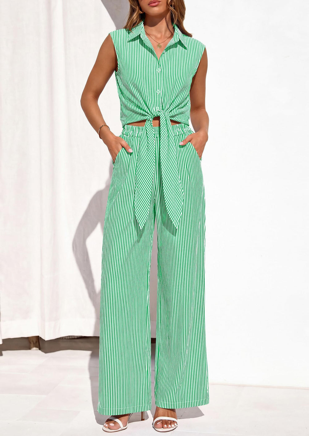 Osonn 2 Piece Sets For Women Summer Striped Button Down Tie Front Crop Tops Wide Leg Pants Floral Lounge Set