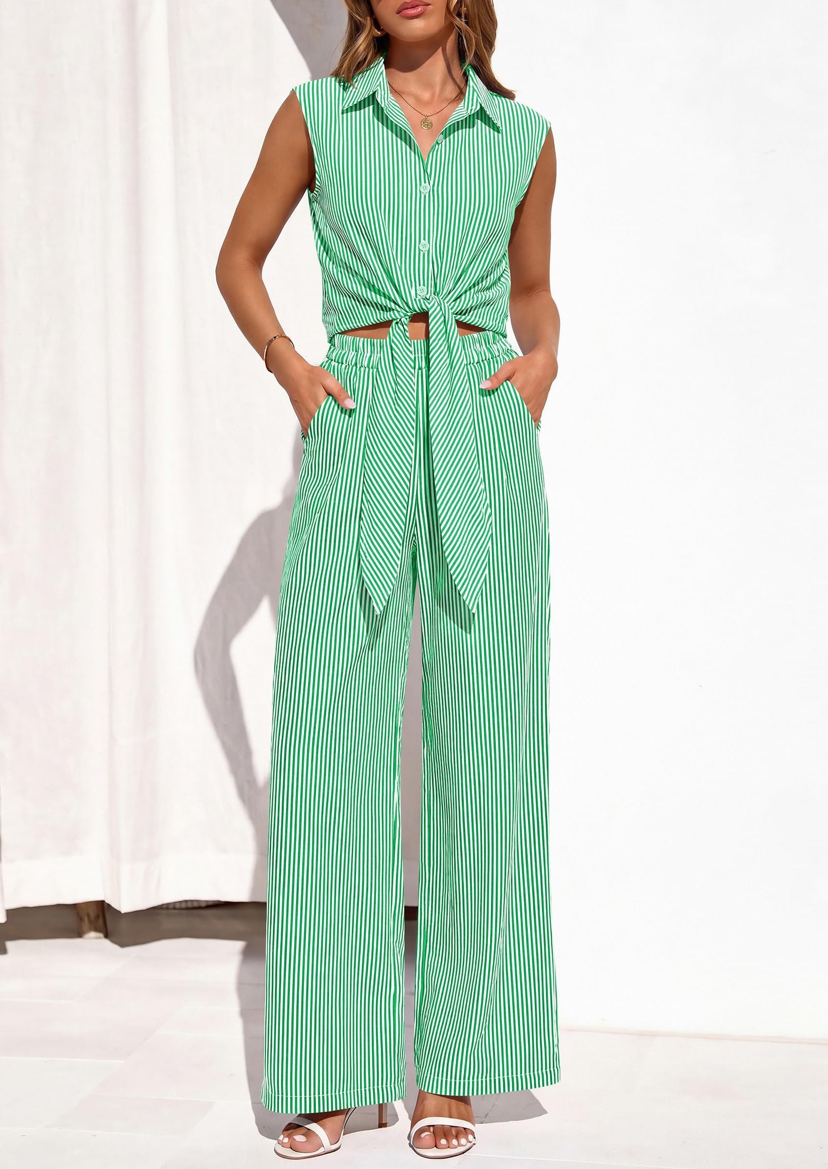 Osonn 2 Piece Sets For Women Summer Striped Button Down Tie Front Crop Tops Wide Leg Pants Floral Lounge Set