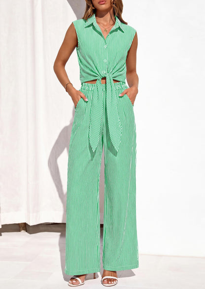 Osonn 2 Piece Sets For Women Summer Striped Button Down Tie Front Crop Tops Wide Leg Pants Floral Lounge Set