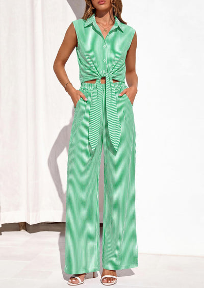 Osonn 2 Piece Sets For Women Summer Striped Button Down Tie Front Crop Tops Wide Leg Pants Floral Lounge Set