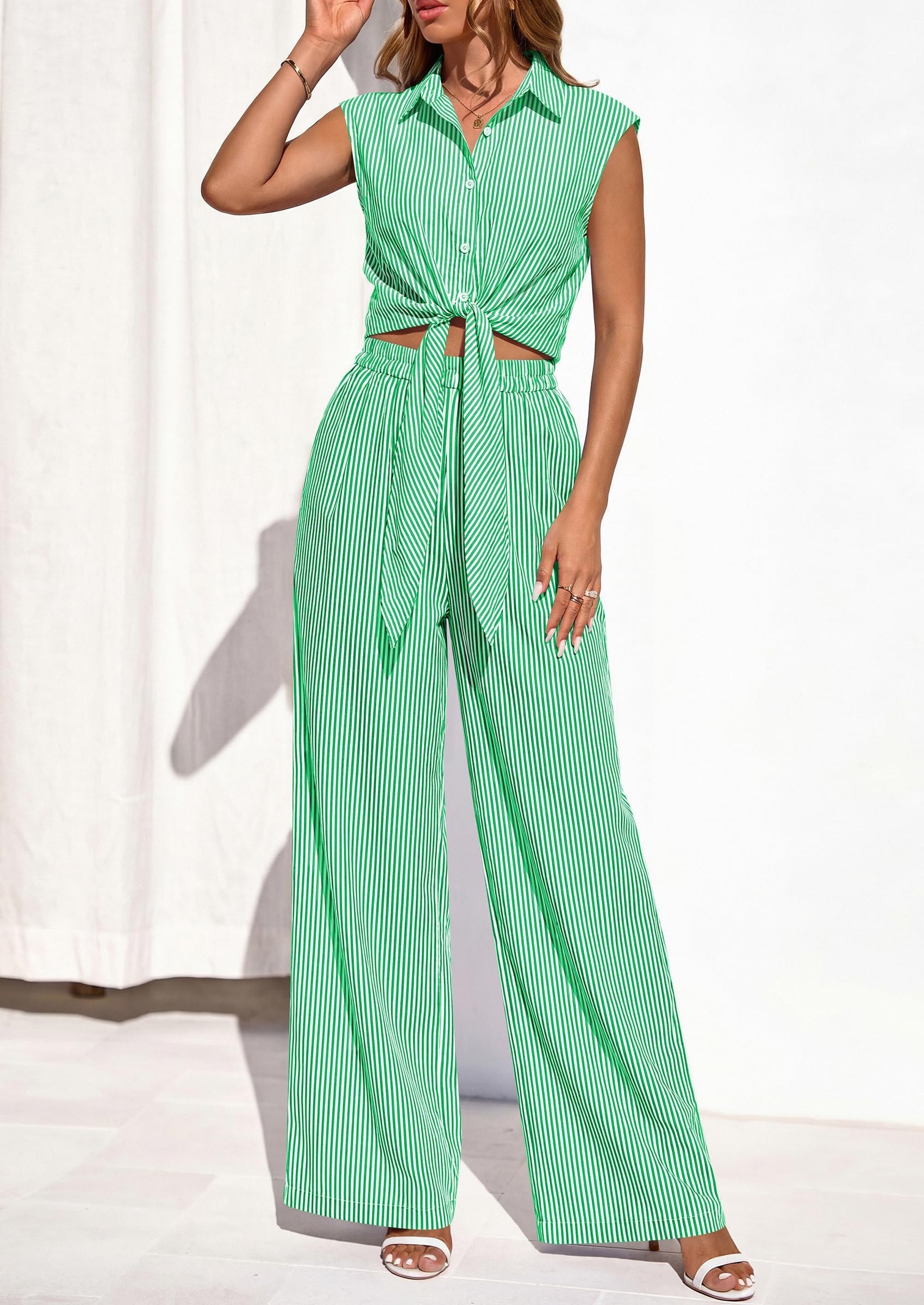 Osonn 2 Piece Sets For Women Summer Striped Button Down Tie Front Crop Tops Wide Leg Pants Floral Lounge Set