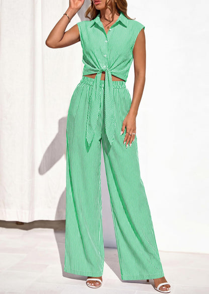 Osonn 2 Piece Sets For Women Summer Striped Button Down Tie Front Crop Tops Wide Leg Pants Floral Lounge Set