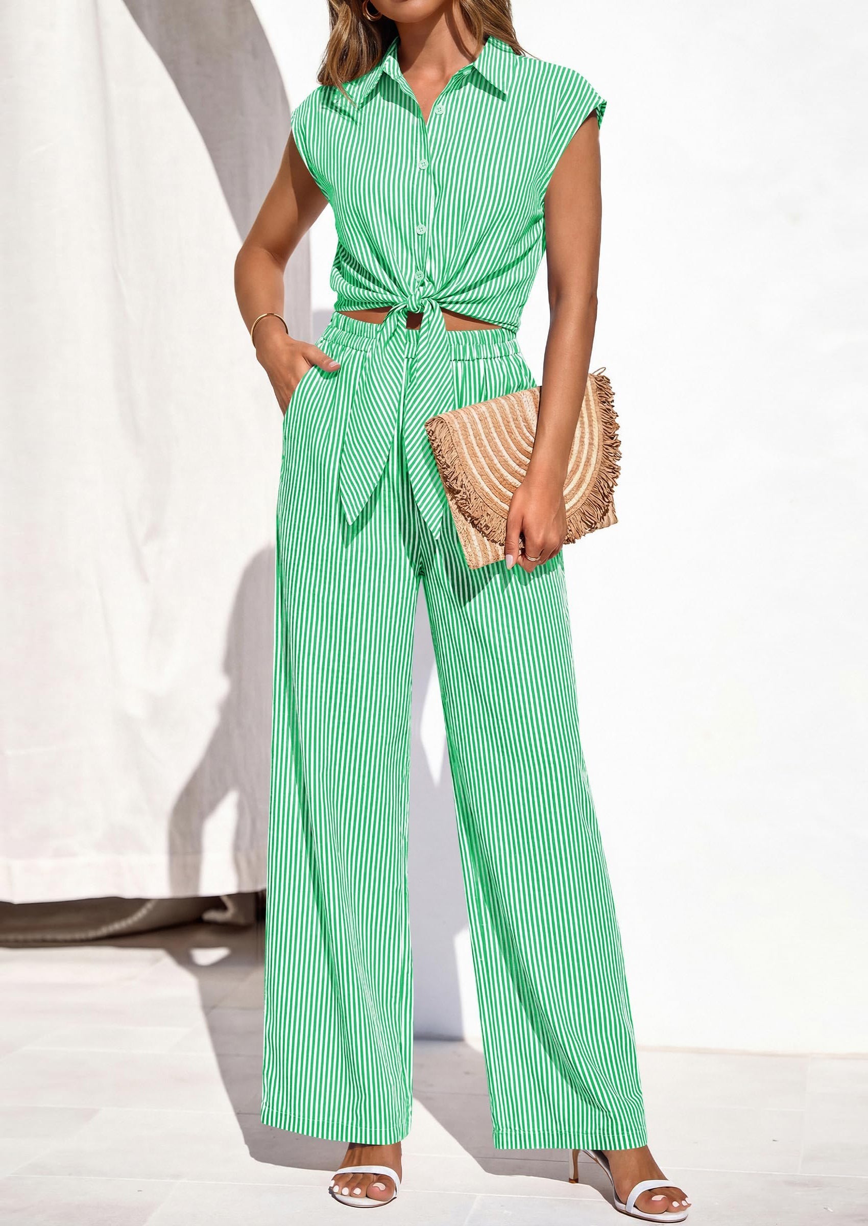 Osonn 2 Piece Sets For Women Summer Striped Button Down Tie Front Crop Tops Wide Leg Pants Floral Lounge Set