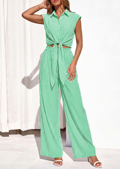 Osonn 2 Piece Sets For Women Summer Striped Button Down Tie Front Crop Tops Wide Leg Pants Floral Lounge Set
