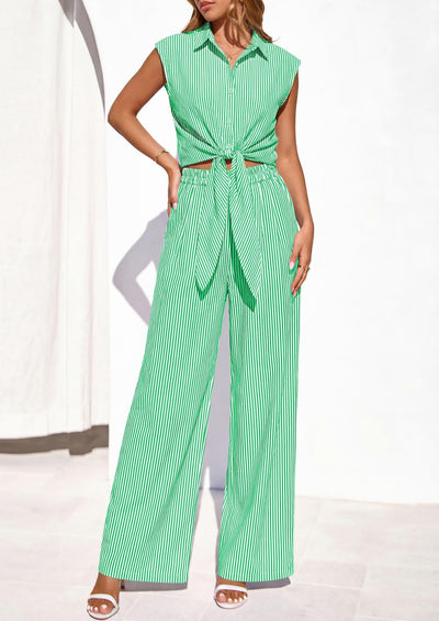 Osonn 2 Piece Sets For Women Summer Striped Button Down Tie Front Crop Tops Wide Leg Pants Floral Lounge Set
