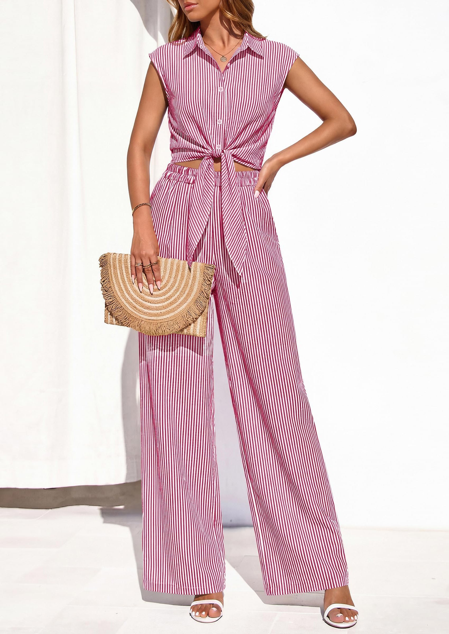 Osonn 2 Piece Sets For Women Summer Striped Button Down Tie Front Crop Tops Wide Leg Pants Floral Lounge Set