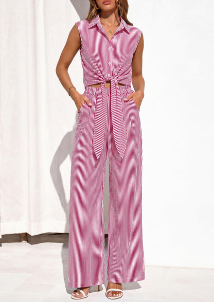 Osonn 2 Piece Sets For Women Summer Striped Button Down Tie Front Crop Tops Wide Leg Pants Floral Lounge Set