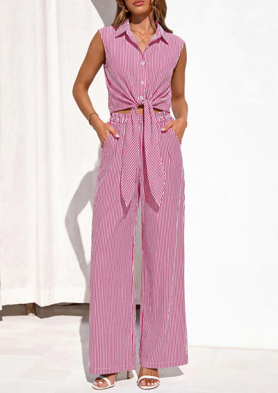 Osonn 2 Piece Sets For Women Summer Striped Button Down Tie Front Crop Tops Wide Leg Pants Floral Lounge Set