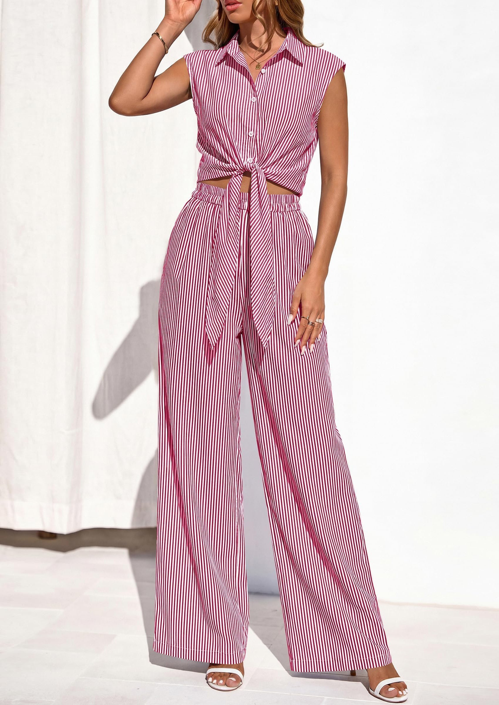Osonn 2 Piece Sets For Women Summer Striped Button Down Tie Front Crop Tops Wide Leg Pants Floral Lounge Set