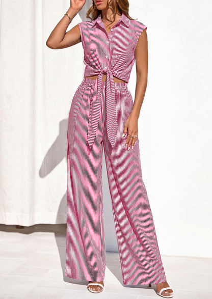 Osonn 2 Piece Sets For Women Summer Striped Button Down Tie Front Crop Tops Wide Leg Pants Floral Lounge Set