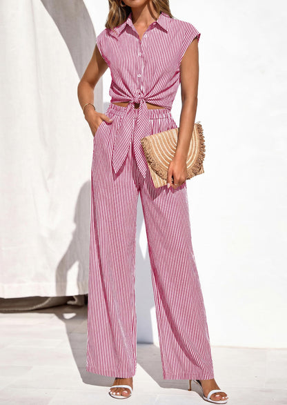 Osonn 2 Piece Sets For Women Summer Striped Button Down Tie Front Crop Tops Wide Leg Pants Floral Lounge Set
