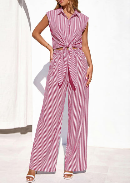 Osonn 2 Piece Sets For Women Summer Striped Button Down Tie Front Crop Tops Wide Leg Pants Floral Lounge Set