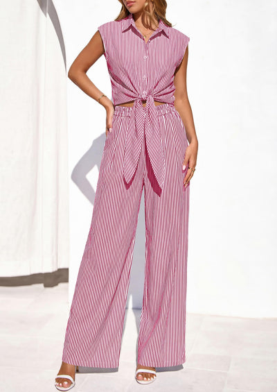 Osonn 2 Piece Sets For Women Summer Striped Button Down Tie Front Crop Tops Wide Leg Pants Floral Lounge Set