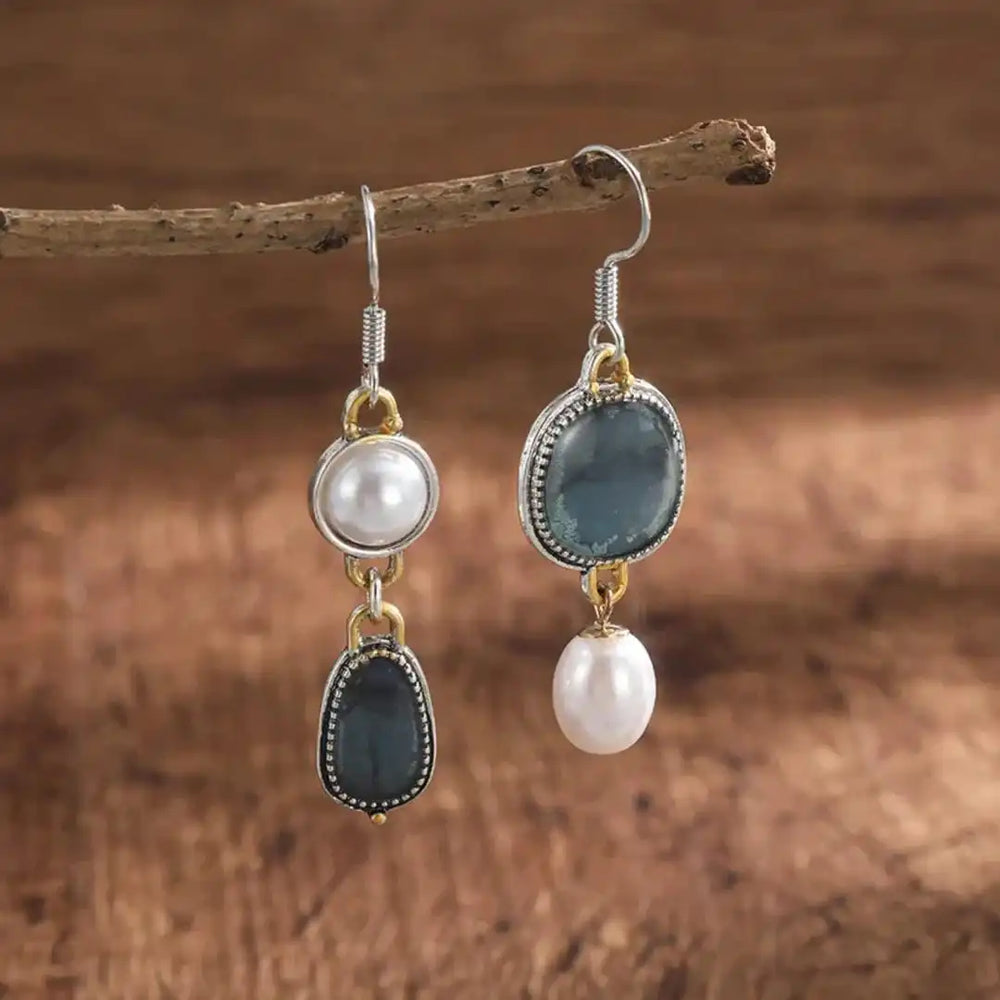 Vintage Blue Stone Pearl Earrings — image 3