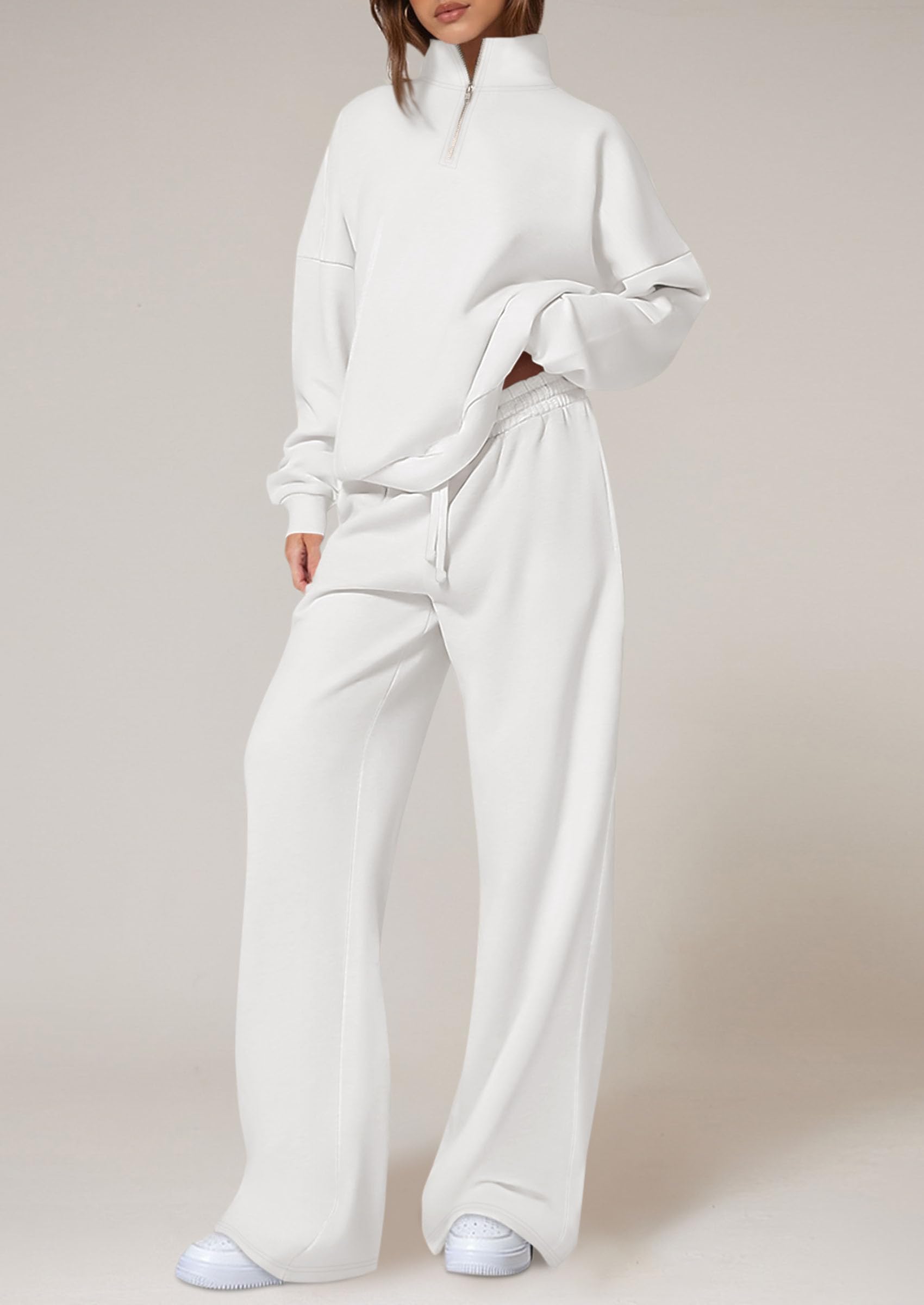 Osonn Womens Casual Two Piece Sets Fall Outfits Quarter Zip Sweatshirts Straight Leg Pants Sweatsuits Tracksuit