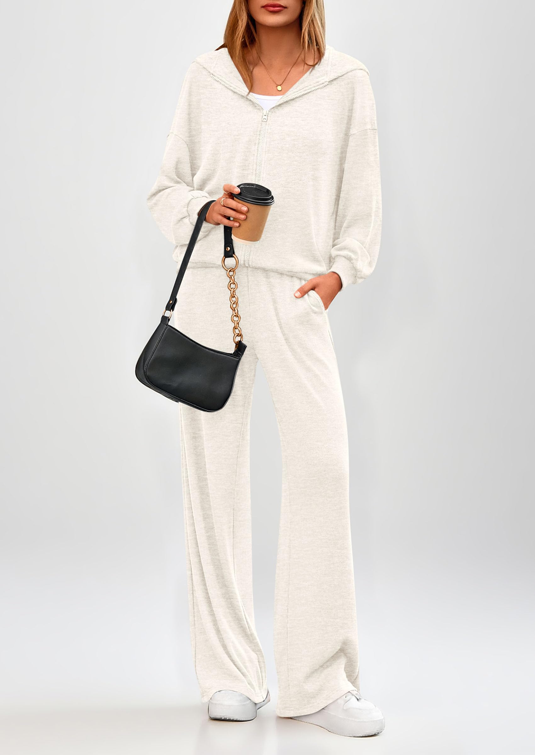 Osonn Women's 2 Piece Fall Lounge Sets Zip Up Hoodie Wide Leg Pants Tracksuit Matching Travel Outfits Clothes