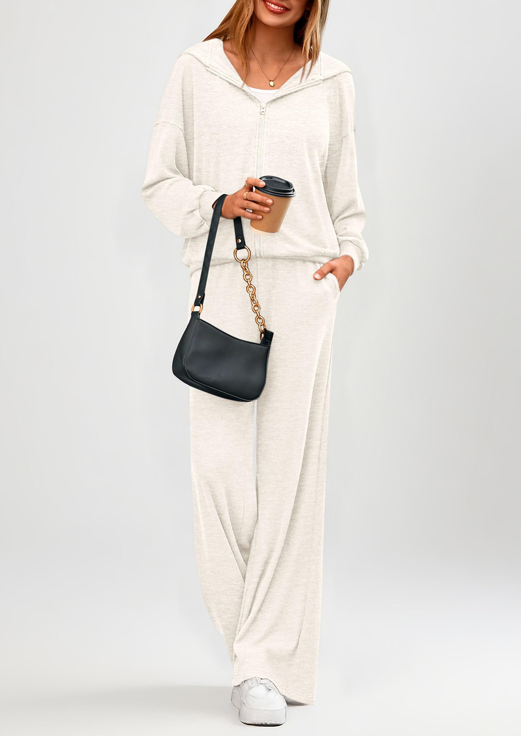 Osonn Women's 2 Piece Fall Lounge Sets Zip Up Hoodie Wide Leg Pants Tracksuit Matching Travel Outfits Clothes