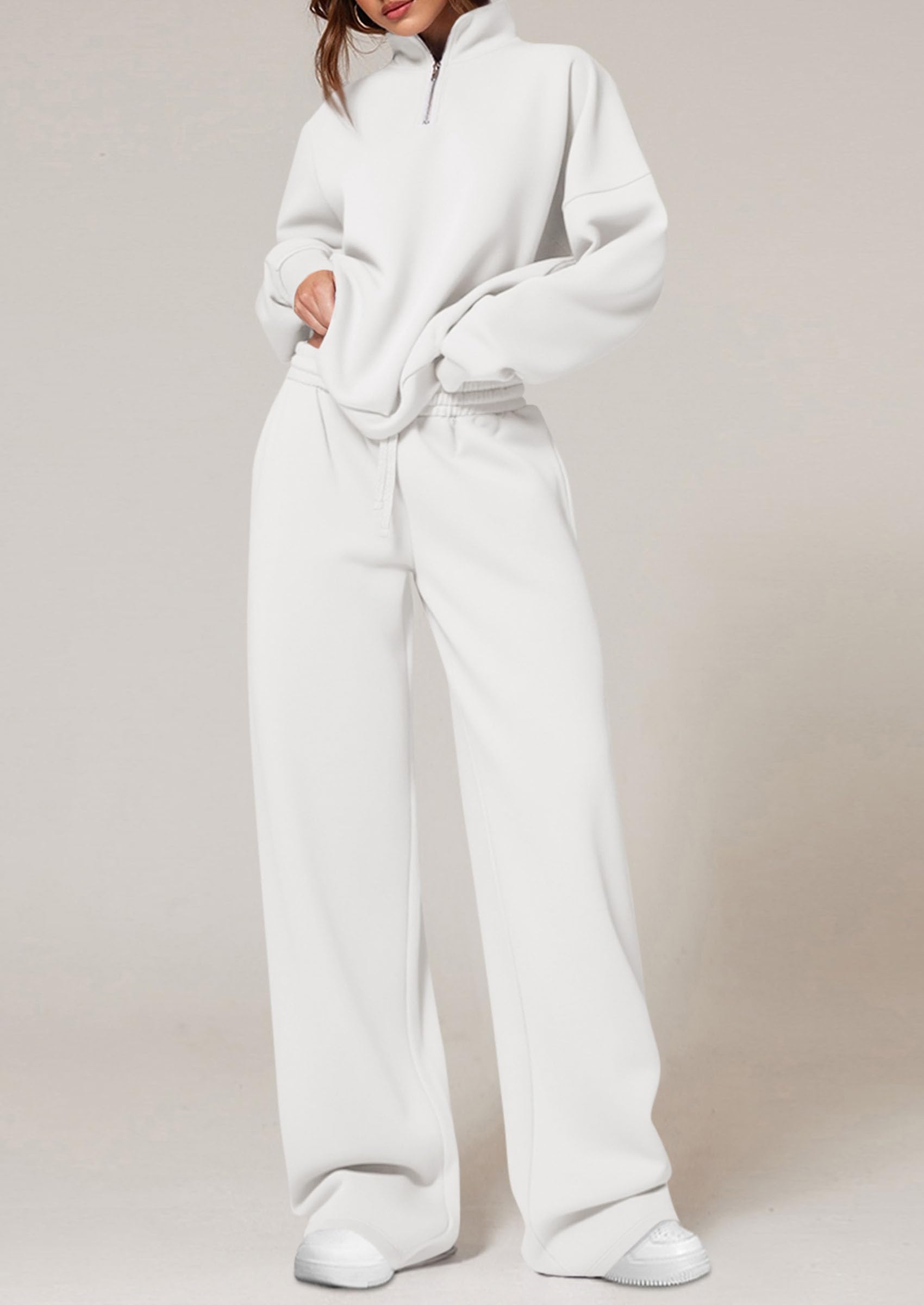 Osonn Womens Casual Two Piece Sets Fall Outfits Quarter Zip Sweatshirts Straight Leg Pants Sweatsuits Tracksuit