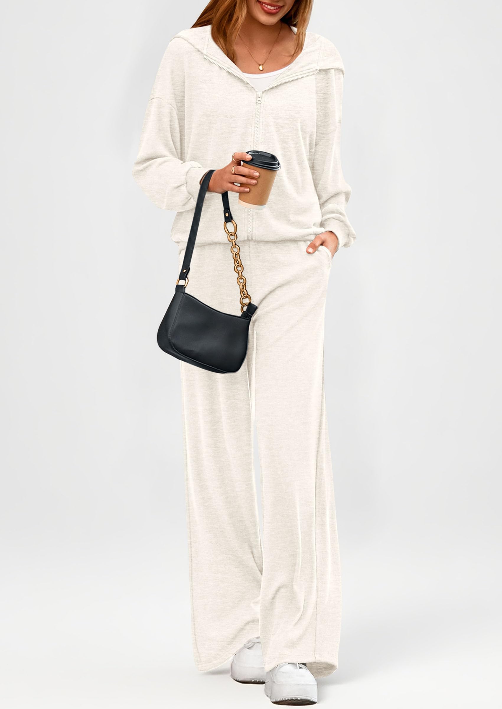 Osonn Women's 2 Piece Fall Lounge Sets Zip Up Hoodie Wide Leg Pants Tracksuit Matching Travel Outfits Clothes