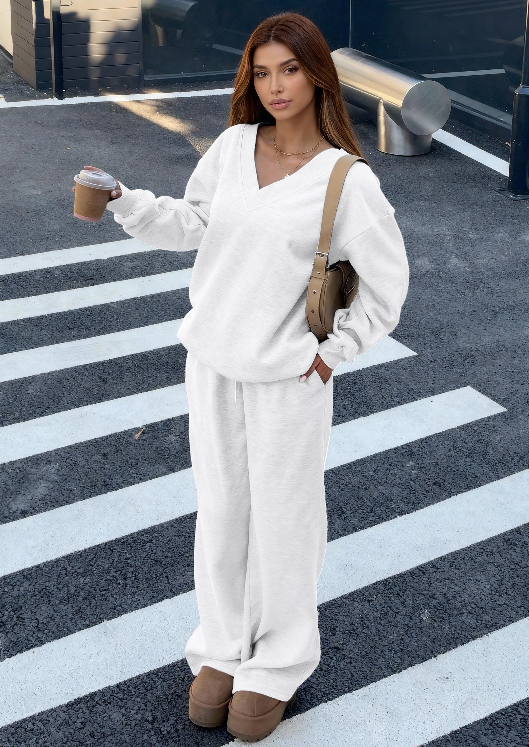 Osonn Casual Winter Two Piece Sets for Women V Neck Sweatshirt Loose Wide Leg Pants Tracksuit Knit Fall Outfits