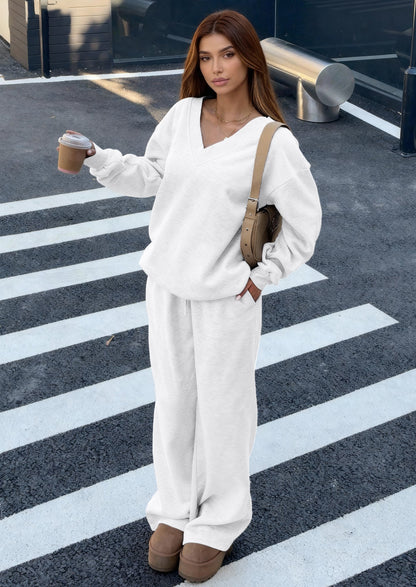 Osonn Casual Winter Two Piece Sets for Women V Neck Sweatshirt Loose Wide Leg Pants Tracksuit Knit Fall Outfits