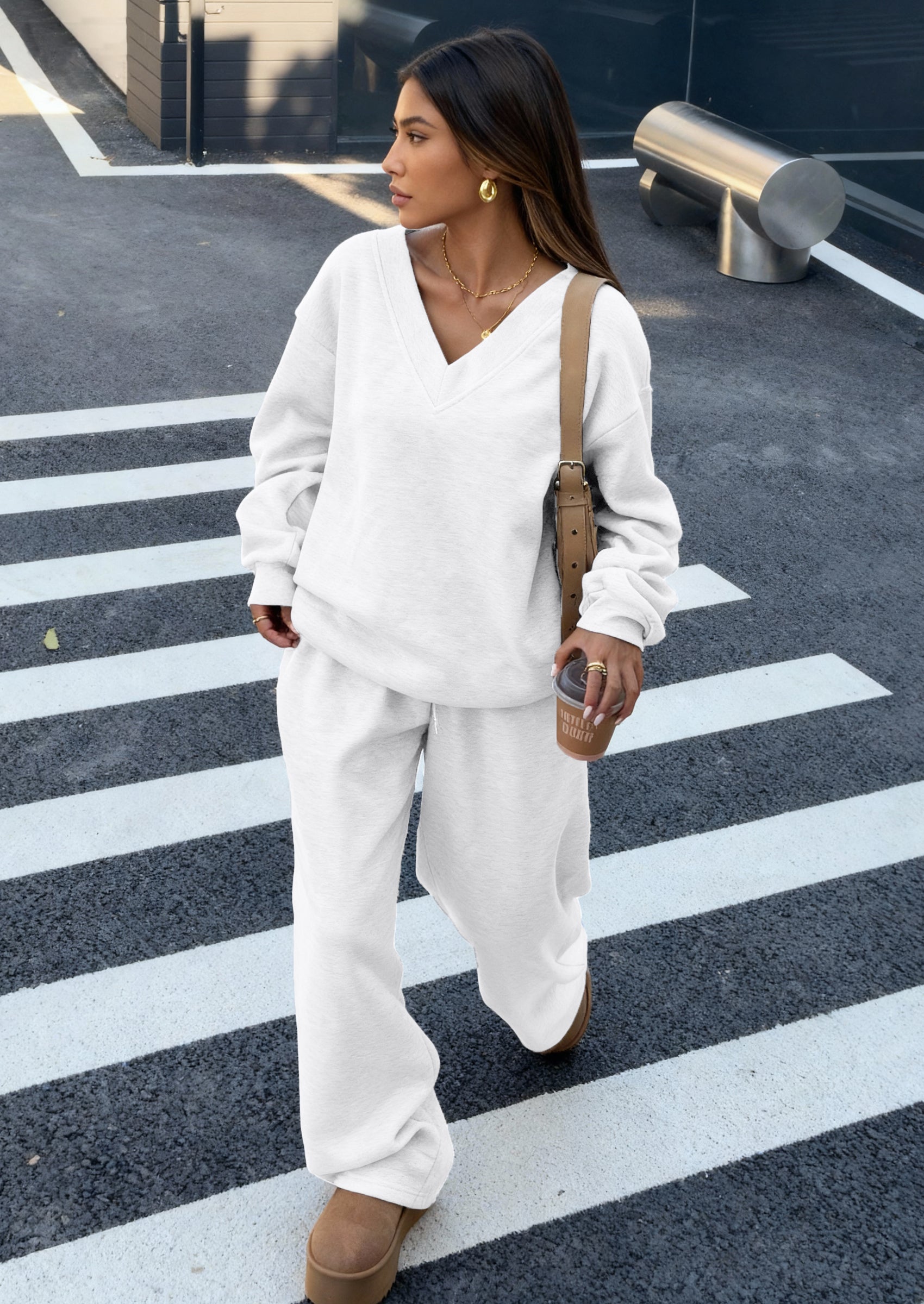 Osonn Casual Winter Two Piece Sets for Women V Neck Sweatshirt Loose Wide Leg Pants Tracksuit Knit Fall Outfits