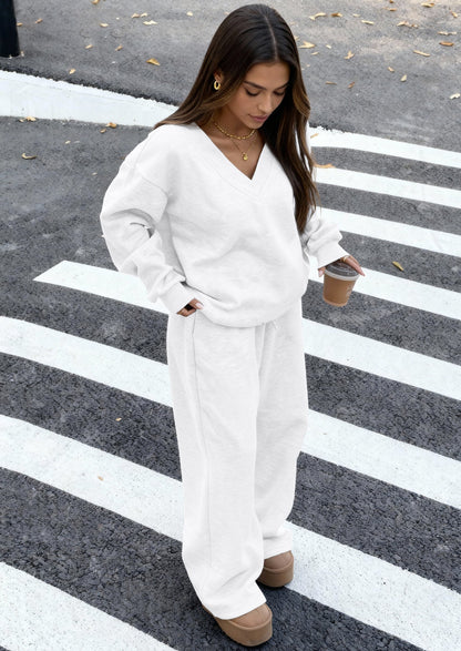 Osonn Casual Winter Two Piece Sets for Women V Neck Sweatshirt Loose Wide Leg Pants Tracksuit Knit Fall Outfits